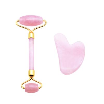 China Hand-Helded Rose Quartz Jade Roller Natural Gua Sha Set Jade Stone Massage Lifting Beauty Tools Set Massager Facial Roller Body Face for sale