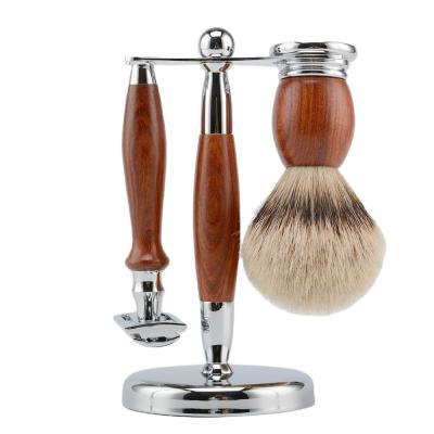 China Sandal Wood Blade Double Edge Eco-Friendly Safety Razor and Badger Hair Brush Shaving Razor Set for sale