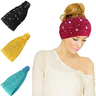 China Fashion Winter Gypsophila Ladies Warm Crochet Headband Gypsophila Rhinestone Headband Hand Knitted Women for sale