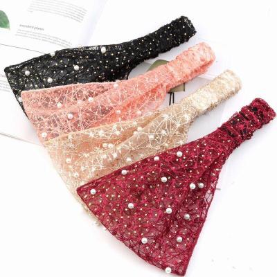 China Fashion sense fashion pearl yarn net headband ladies face wash delicate lace headband headband for sale