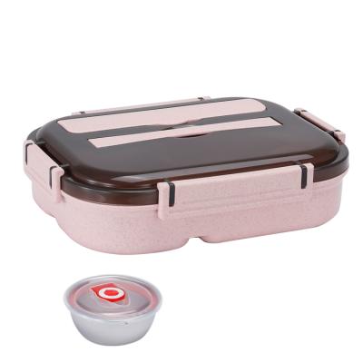 China Freshness Preservation Divided Large Capacity Straw Fiber Compartments Meal Students Wheat Picnic Food Storage Container Outdoor Box With Soup Bowl for sale