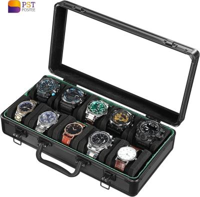 China ABS 10 Slots Aluminum Watch Display Case, Hard Portable Watch Storage Organizer Box With Clear Window for sale