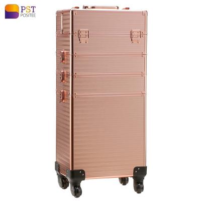 China Fashion Custonm 4 in1 High Quality Multifunctional Rolling Aluminum Makeup Trolley Train Case Box Large Capacity Various Cosmetic Designs for sale