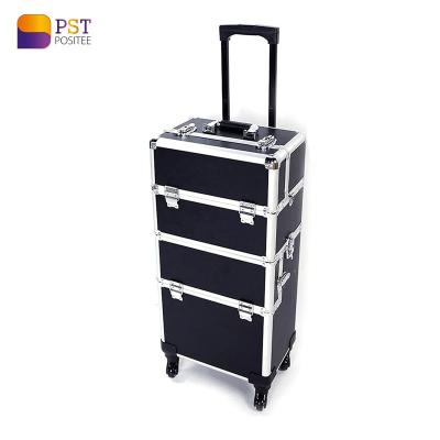 China Fashion 4 in 1 Professional Hard Aluminum Large Travel Barber Case Lockable Trolley Makeup Cosmetic Undercarriage Case with Wheels for sale