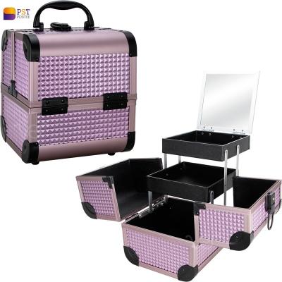 China Fashion Professional Portable Pink Gold Makeup Small Train Case , Makeup Case With Compartment for sale