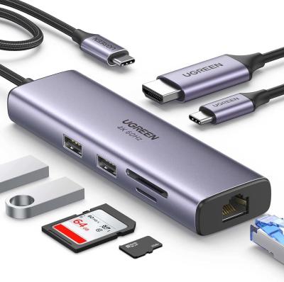 China 7 en 1 USB C Hub Adaptador Gigabit Ethernet 100W PD Carga, puertos de datos USB A, lector de tarjetas SD / TF en venta