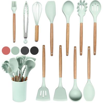 China Best Kitchenware Tool Silicone Stocked Cooking Kitchen Utensil Set With Handle Holder Accessories Spatula Turner Ladle Wood Cookware for sale