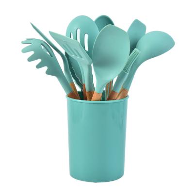 China Best Kitchenware Tool Silicone Stocked Cooking Kitchen Utensil Set With Handle Holder Accessories Spatula Turner Ladle Wood Cookware for sale