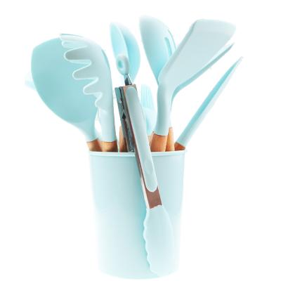 China Best Kitchenware Tool Silicone Stocked Cooking Kitchen Utensil Set With Handle Holder Accessories Spatula Turner Ladle Wood Cookware for sale