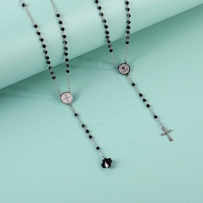 China Factory Wholesale High Quality CLASSIC Black Rosary Crystal Beads Jesus Cross Necklace for sale