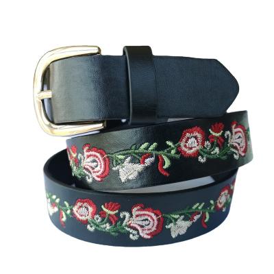 China New High Quality Fashion Ladies Sexy Casual Belts In Embroidery Flower Design With Gold Color Buckle for sale