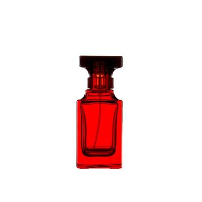 China Personal Care Wholesale Luxury Elegant 50Ml Glass Perfume Bottles Red Empty Square Shaped Spray Glass Perfume Bottle for sale