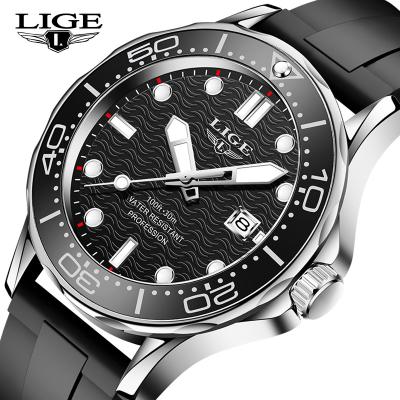 China New LIGE automatic date 2021 men's watches silicone strap sport waterproof quartz wristwatch fashion bezel date rotating watch for sale