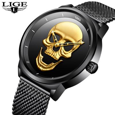 China Top Brand Date LIGE LG9876C New Stainless Steel Mens Watches Fashion 3D Skull Casual Quartz Mesh Belt Waterproof for sale