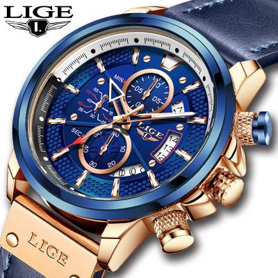 China 2021 New Automatic Date Sports Watches For Mens LIGE Wrist Watch Man Chronograph Military Genuine Leather Wristwatch for sale