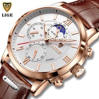 China New Clock LIGE Mens 2021 Moon Phase Man Leather Sport Casual Watch Auto Date Watches Waterproof Quartz Chronograp for sale