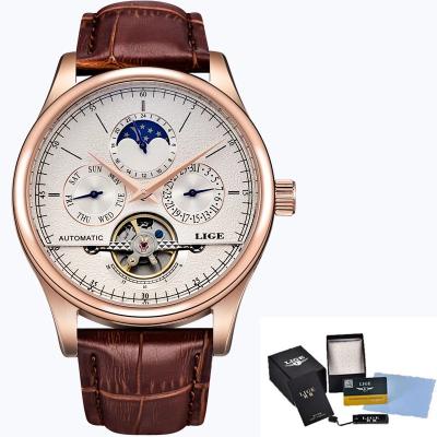 China Date LIGE 6826B Automatic Leather Mens Watches Top Brand Chronograph Watches Waterproof Mechanical Wristwatches Mens Watch for sale