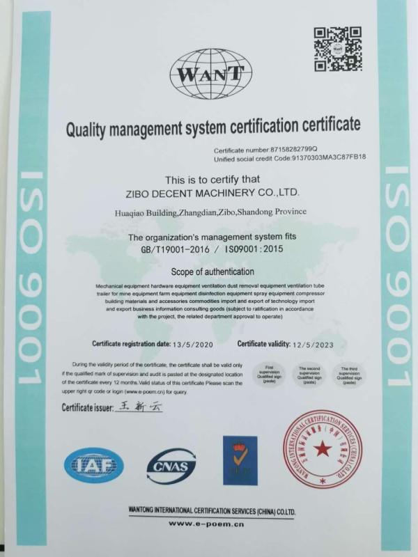 ISO9001 - Zibo Decent Machinery Co., Ltd.