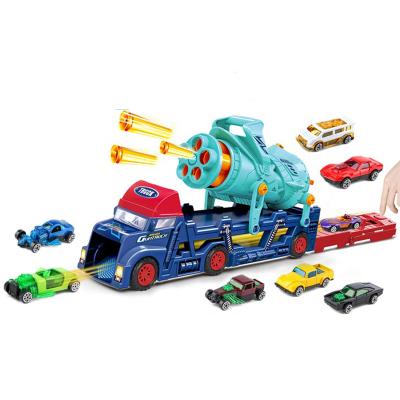 China Cheap Plastic Kids Vehicles Toy Car Container Truck Carrier Gatlin Gun Soft Bullet Shooting for sale