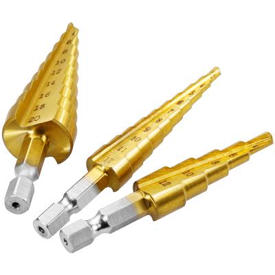 China 3pcs HSS Titanium Steel Step Drill Bit 3-12mm 4-12mm 4-20mm Step Taper Cutt Tools Woodworking Wood Metal Drill Bit Set L126 for sale