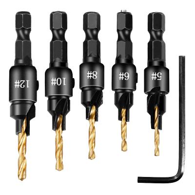 China 5pcs Drilling Countersink Drill Woodworking Woodworking Drill Bits Set Drill Pilot Holes For Screw Sizes #5 #6 #8 #10 #12 for sale