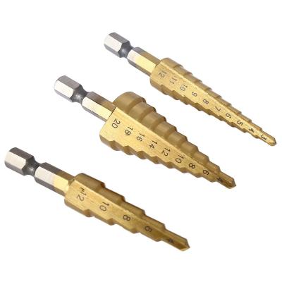 China Titanic 3pcs HSS 3-12mm 4-12mm 4-20mm Wood Steel Step Drill Bits Step Cone Cutting Tool Woodworking Wood Metal Drilling Steel Set for sale