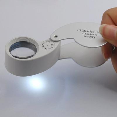 China 40x 25mm Magnifier Optical Glass Jewelers Plastic Eyes Magnifying LED Light Mini Lupa Plastic Handheld Lens Loep Opvouwbaar for sale