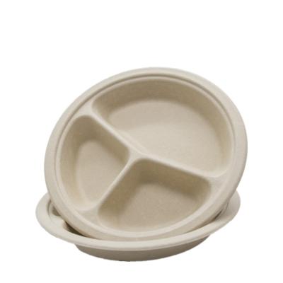 China Eco-Friendly Disposable 9 Inch 3 Compartment High Temperature Resistant Disposable Biodegradable Bamboo Fiber Round Dish for sale