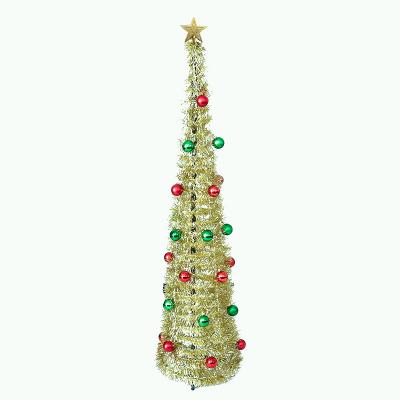 China Hot Selling Indoor Decoration Colorful Balls Hanging 5Ft Pop Up Artificial Christmas Tinsel Tree Decoration for sale