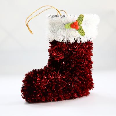 China Eco-friendly Aluminum Glitter Tinsel Christmas Socks Plastic Frame Christmas Tree Ornaments Hanging Decoration for sale