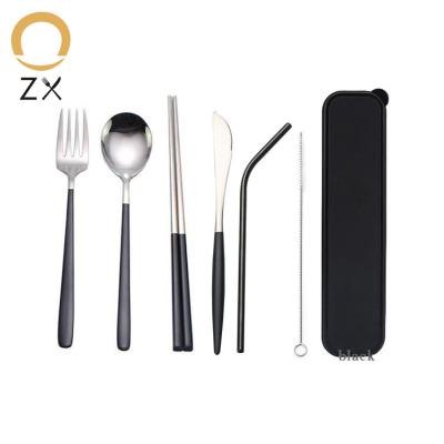 China Reusable Metal Stainless Steel Straw Camping Travel Portable Flatware Fork And Cutlery Spoon Chopsticks Set With Case for sale