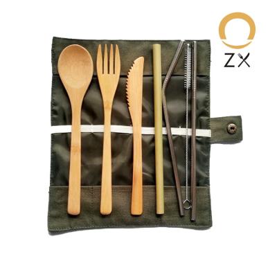 China Sustainable High Quality Eco Friendly Straw Brush Fork Chopstick Spoon Dinner Toothbrush Knife Nature Bamboo Cutlery Set With Bag for sale