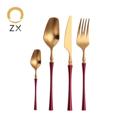 China Sustainable New Style Luxury Wedding Stainless Steel Dinnerware Set 4pcs Metal Cutlery Set Red Gold Flatware for sale