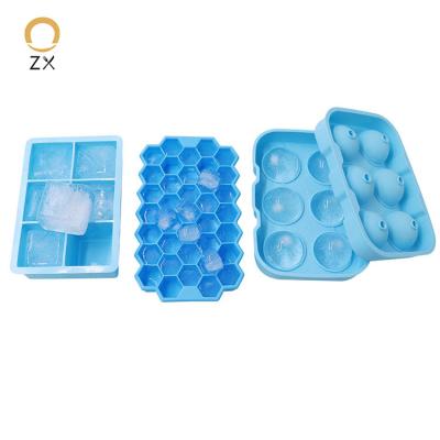 China Hot Selling Viable BPA Free Amazon 3 In 1 37 Cubes Cavities Spherical Silicone Honeycomb Ice Cube Tray for sale