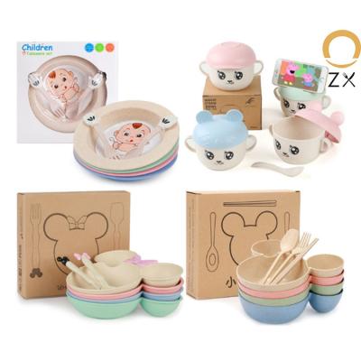 China 2020 Sustainable Amazon Success Factory Price Customized Bamboo Fiber Animal Kids Dish Cup Fork Spoon Wheat Straw Tableware Sets for sale