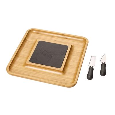 China Sustainable Factory Wholesale Kitchen Food Serving Tray Square Bamboo Slate Cutting Board Set 2 Knives for sale