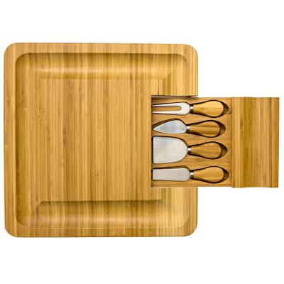 China New Ideas Homeware Sustainable Stylish Food Square Bamboo Cheese Cutting Board With Slide-out Drawer And Cutlery Set for sale