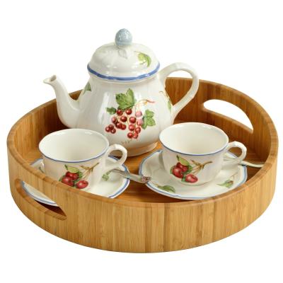 China Fashion Top Selling Customized Hotel Cafe Tea Serving Tray Pure Bamboo Round Tray With Handle for sale