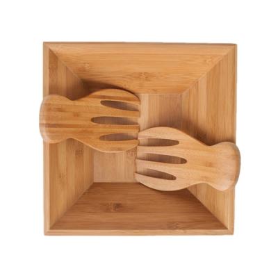 China Personalized Viable Kitchen Square Large Size Pure Organic Bamboo Salad Serving Bowls With Two Hands for sale