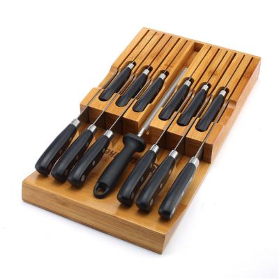 China Sustainable Kitchen Countertop Compact Design Knife Block Storage Rack Bamboo In-Drawer Knife Organizer for sale