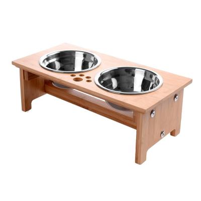 China Sustainable Bamboo Smart Pet Feeder Double Bowl Raised Stand With 2 Stainless Steel Bowls For Dogs And Cats for sale