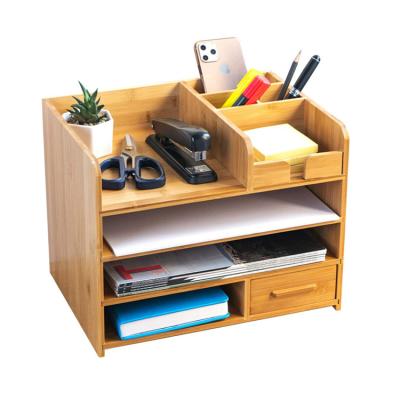 China 2020 Fashion Design Eco-friendly Home 4 Tier Design Decorative Natural Bamboo Desk Organizer With 2 Drawer for sale