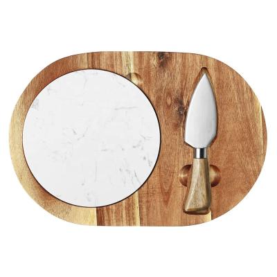 China Sustainable Oval Wooden Cheese Board Set, Acacia Wood Cheese Serving Board with White Marble and Cheese Knife for sale