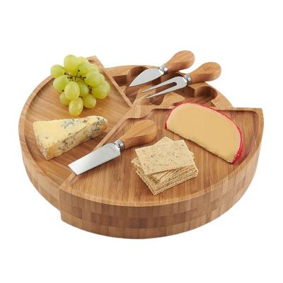 China Sustainable Wholesale Rotating Bamboo Round Cheese Board And Knife Set for sale