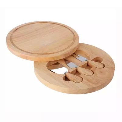 China Round Shape Wooden Viable Rubber Wooden Cheese Board Deli Board Set With 3 Cheese Knives Kitchen Gadgets for sale