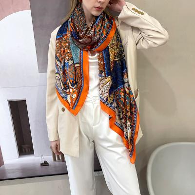 China New Design 180*90cm Long Style Fashion Striped Scarf Custom Print Neck Wear Scarves Women Muslim Hijab Square Silk Scarf for sale