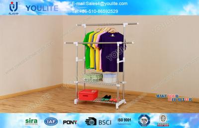 China Modern Stand Folding Double Pole Clothes Rack with Wheels / Portable Drying Hanger for sale