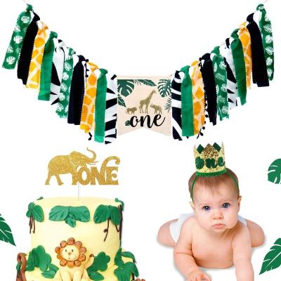 China Tropical Wild One Themed 1st Birthday Party Decorations Jungle Animals Highchair Banner Jungle Animals Highchair Banner Crown Cake Topper Hat for sale