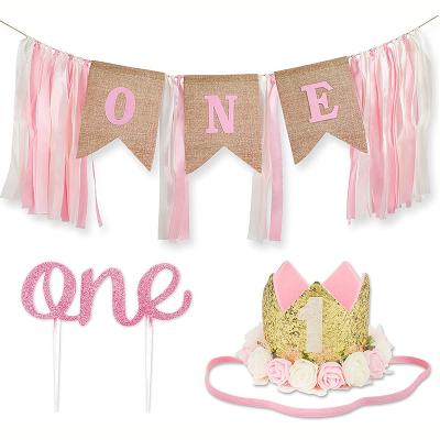 China Wreath and a Burlap Banner Flower Baby Fist Birthday Party Decoration Burlap Umpire Chair Banner Flower Cake Topper for sale