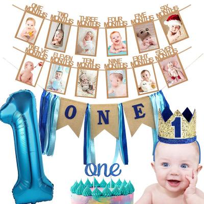 China Cake Topper Baby Boy Birthday Party Umpire Chair Banner 1-12 Month Photo Banner Crown Number First 1 Foil Balloon for sale